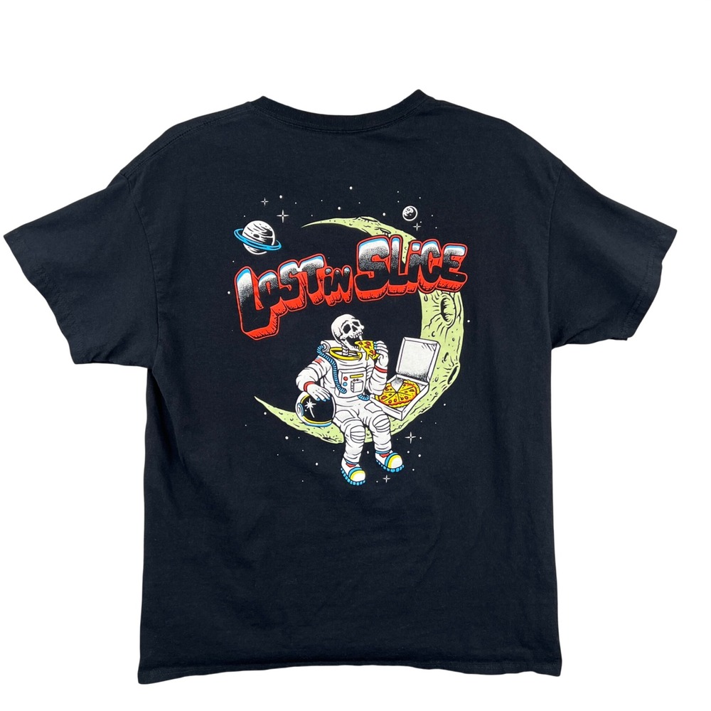 Retrofit Mens Large Black Graphic T-Shirt Lost In Slice Astronaut Skeleton Pizza